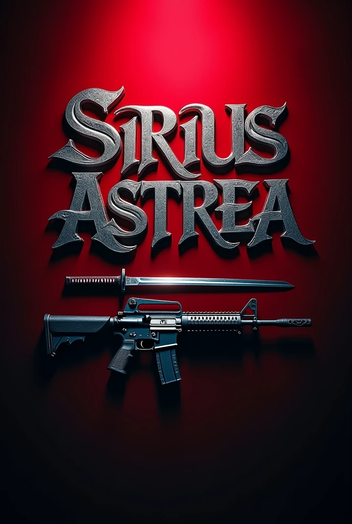 A sign with the name Sirius Astrea in very large silver gothic letters above a katana and an M13 assault rifle, on a scarlet red to black gradient background