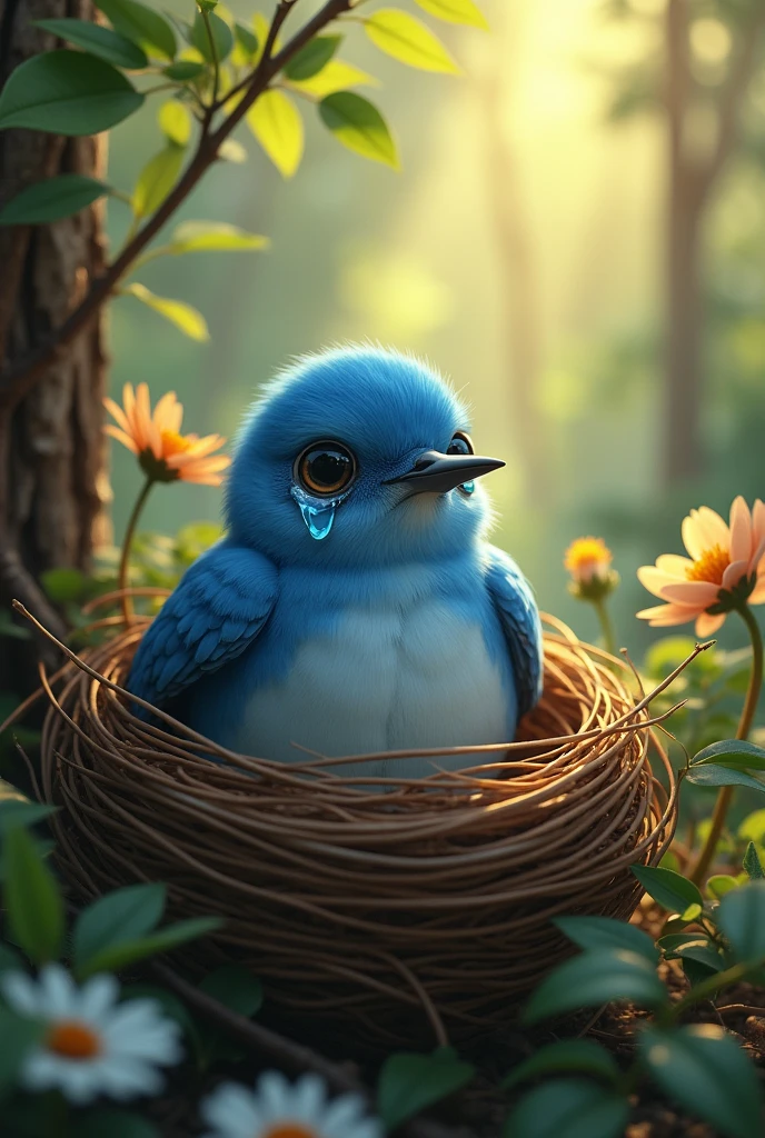You can create an image of a bluebird crying in its nest.