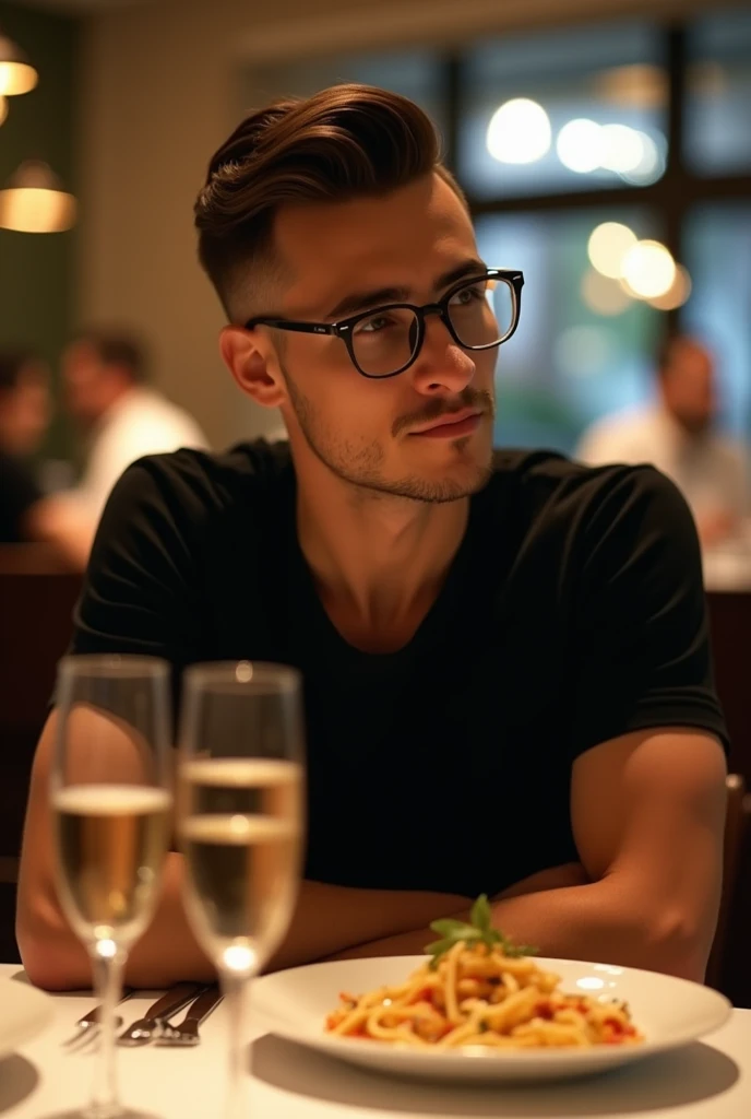 best qualityer:1.4), (ultra high resolution:1.2), (photorrealistic:1.4), (8k, CRU photo:1.2), a thin young man of 20 years old, light brown skin, with a smooth, beardless face, with short hair, with shaved sides and a low top, is wearing a black short-sleeved shirt, a pair of clear prescription glasses. It's on a restaurant table, in it there are 2 glasses of champagne, and a plate of pasta. He is looking to the side with a slight smile