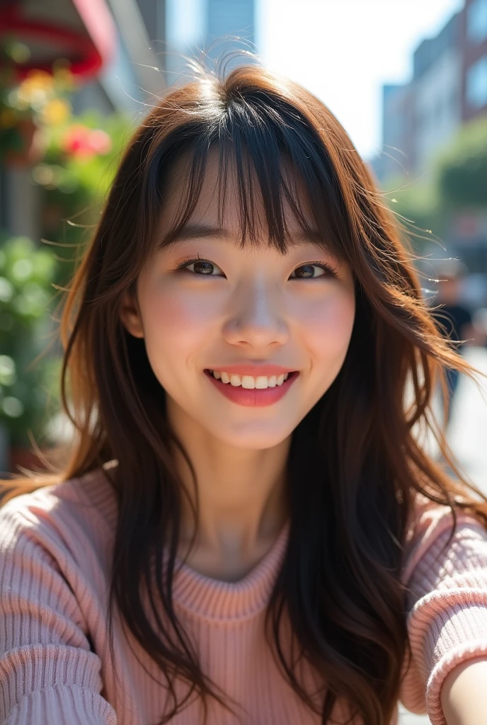 A Korean model with bangs and medium-long hair that looks like Yeojin that looks real and is cute THAT THE QUALITY LOOKS REAL and is a selfie
