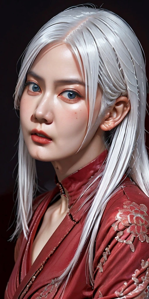 a woman with long pastel white hair, dark eyes, wearing red ninja clothes, detailed face, elegant pose, highly detailed, intricate details, beautiful portrait, dramatic lighting, cinematic composition, vibrant colors, high detail, concept art style, photorealistic, 8k, masterpiece