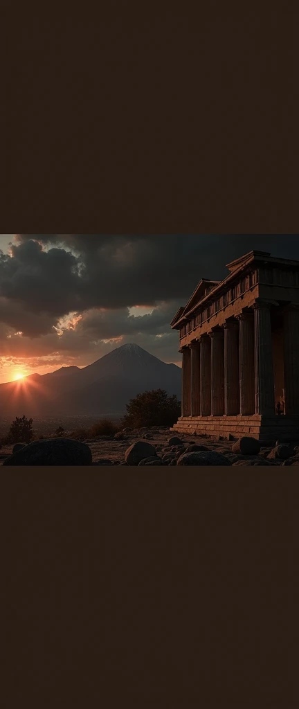 Sunset background with mountain surrounded by clouds with a Ancient Greek building with it