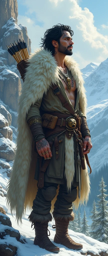 A Dungeons and Dragons character who is a human ranger., He is around 32 years old, athletic, Dark hair and very white skin., between 1,78 and 1,88 meters high, He has more tribal tattoos on his face, Dressed in a large polar bear fur, He carries a bow and arrows on his back, He has a dagger strapped to his waist. He wears a necklace with a bear totem around his neck.., rings on his fingers and has a distant look