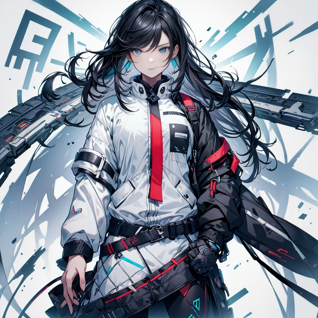 (Tabletop:1.2, Highest quality),  [One Girl, Expressionless, Turquoise Eyes, Black Hair, Half Shortcut,White jacket,The jacket comes off, ,Upper Body]  (Gray white background:1.2),