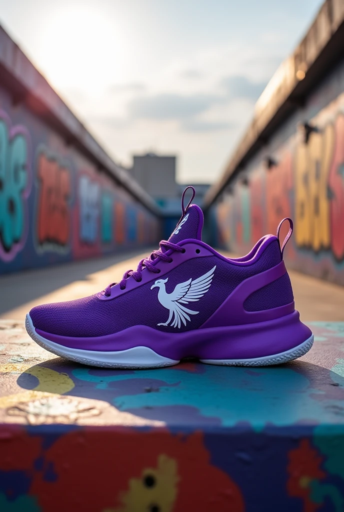 Create a purple tennis shoe and the logo is a white phoenix