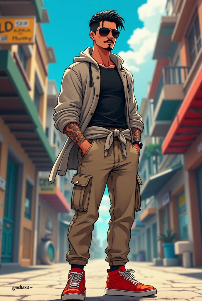 ((Artwork, 8K, 2010 anime style, very detailed)), 1 man of Mexican ethnicity, 21 years old, black hair slicked back, with mustache and goatee, wearing sunglasses, wearing black thermal lupo cuff, wearing black tanktop shirt, with tattoo on left arm, sweater tied at waist, beige pants with several pockets, red sneakers.