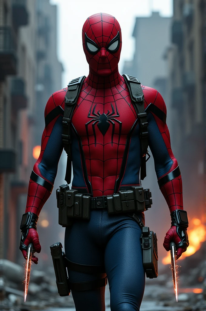 Spiderman as a call of duty operator holding a knife and using electric web slinger tazers