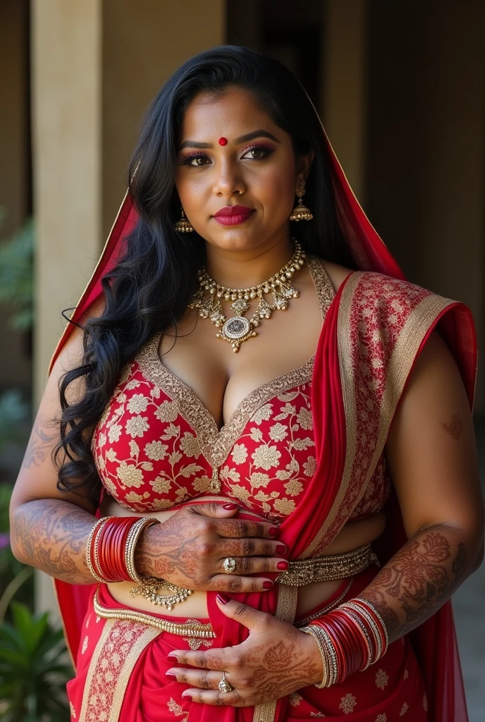 Full body picture, in MEHANDI HENNA TATTOO ON BOTH HANDS, Indian bride underarms, SHOWING HER ARMPITS, BBW ,In Veil , Wet curvy, busty Desi Mommy in BIKINI and showing her big showing cleavage inside BIKINI sleeveless blouse and Nose Ring, many bangles in both hands,Earings, Necklace ,Lipstick ,Navel,Indian, Chubby, showing her curves ,