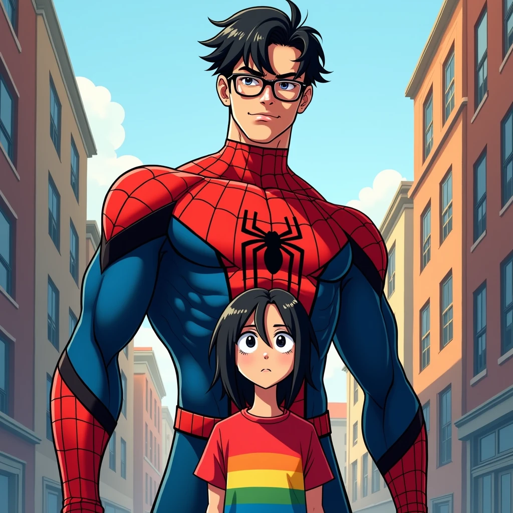 anime art: marvel art style, a masculine 20-year-old male with a big bulge with dark fadeout hair and glasses, wearing spider superhero outfit , he's standing before a sad female wearing lgbt shirt. he's in front of her. superior pose. 
