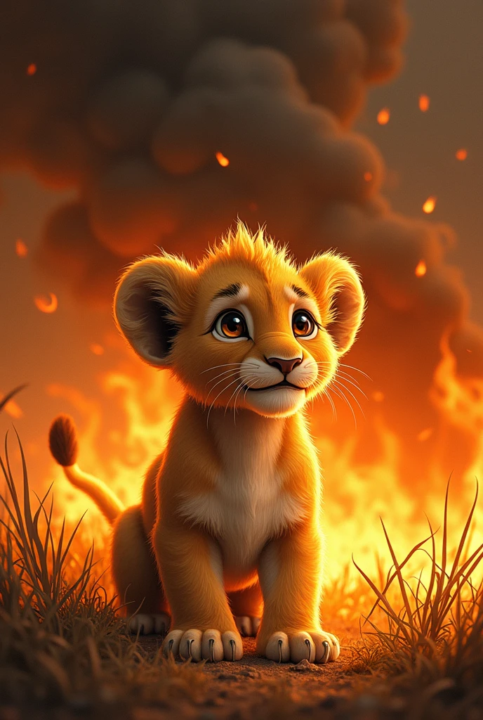 A little lion scared by the fire that is around him I want a drawing 