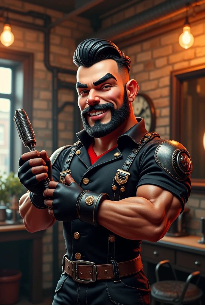 a mascot for barbershop brand. Color brand is black and red. Style is inđustrial sytle, mechanic