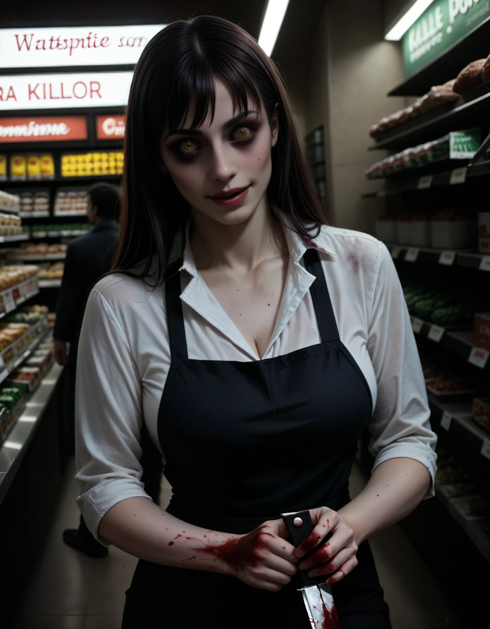 (masterpiece:1.3) 1girl, (female serial killer:1.5) :1.3) working at grocery store , wearing workclothes, wide eyes, blood stains on clothes, big evil smile, (holding a knife:1.3), horror Walmart background, florescent grocery store lighting, deep shadows , extreme details, , complimentary lighting colors, deep skin, , ((stark contrast horror style)), "constricted pupils, small pupils, yellow eyes", , knife, topheavy, (Knife Wielding) psychotic, crazy smile, , constricted pupils, small pupils, , sdxl horror style ((realistic anime))