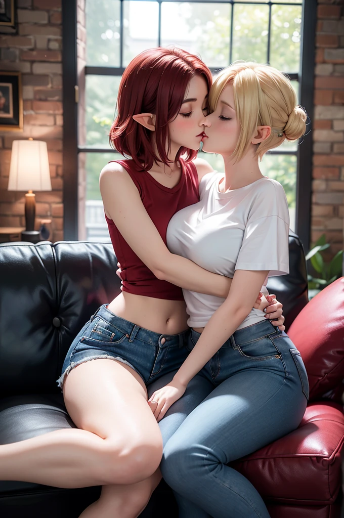 two female elves, one with short red hair, curvy build, white tight tee shirt, blue denim shorts, black heels, other elf with short blonde hair, slim build, white tight tee shirt, blue denim shorts, black heels, cuddling close on sofa, kissing, one sitting on others lap with legs wrapped around their waist, both eyes closed