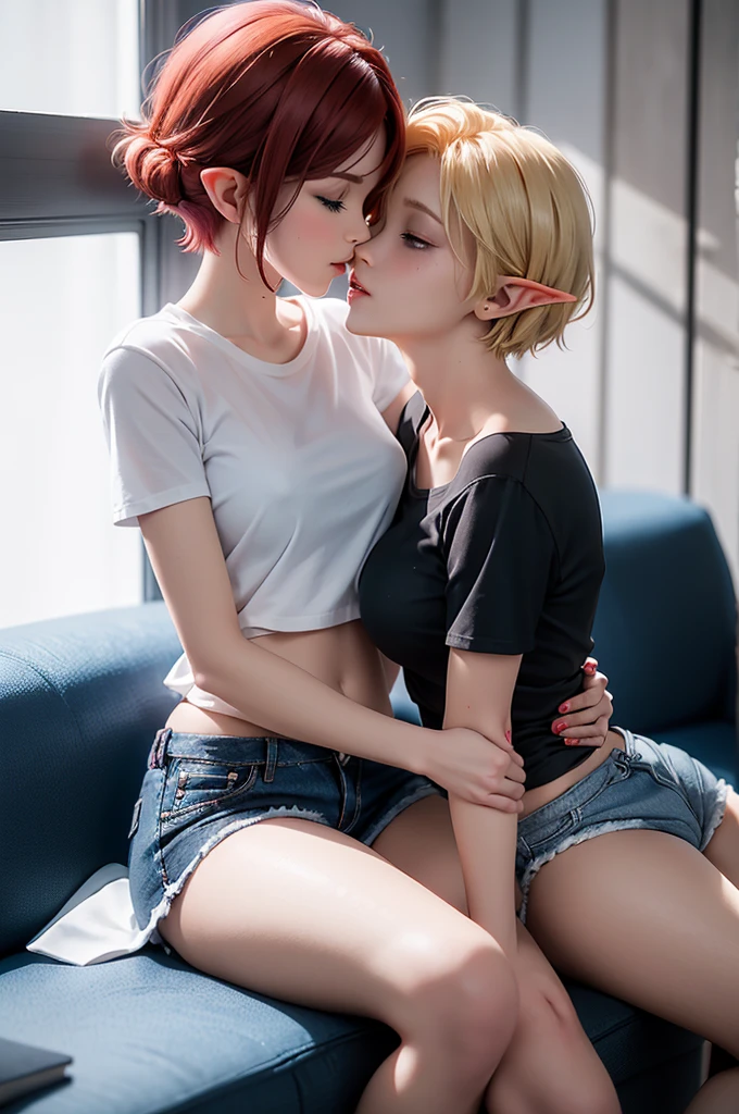 two female elves, one with short red hair, curvy build, white tight tee shirt, blue denim shorts, black heels, other elf with short blonde hair, slim build, white tight tee shirt, blue denim shorts, black heels, cuddling close on sofa, kissing, one sitting on others lap with legs wrapped around their waist, both eyes closed