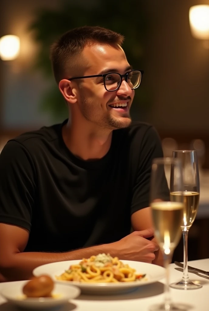 best qualityer:1.4), (ultra high resolution:1.2), (photorrealistic:1.4), (8k, CRU photo:1.2), a thin young man of 20 years old, brown skin , with a smooth, beardless face, with short hair, with shaved sides and a low top, is wearing a black short-sleeved shirt, a pair of clear prescription glasses. It&#39;s on a restaurant table, in it there are 2 glasses of champagne, and a plate of pasta. He is looking to the side with a slight smile 