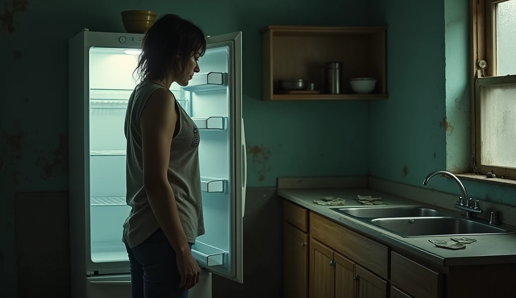 person desperate for lack of money empty fridge