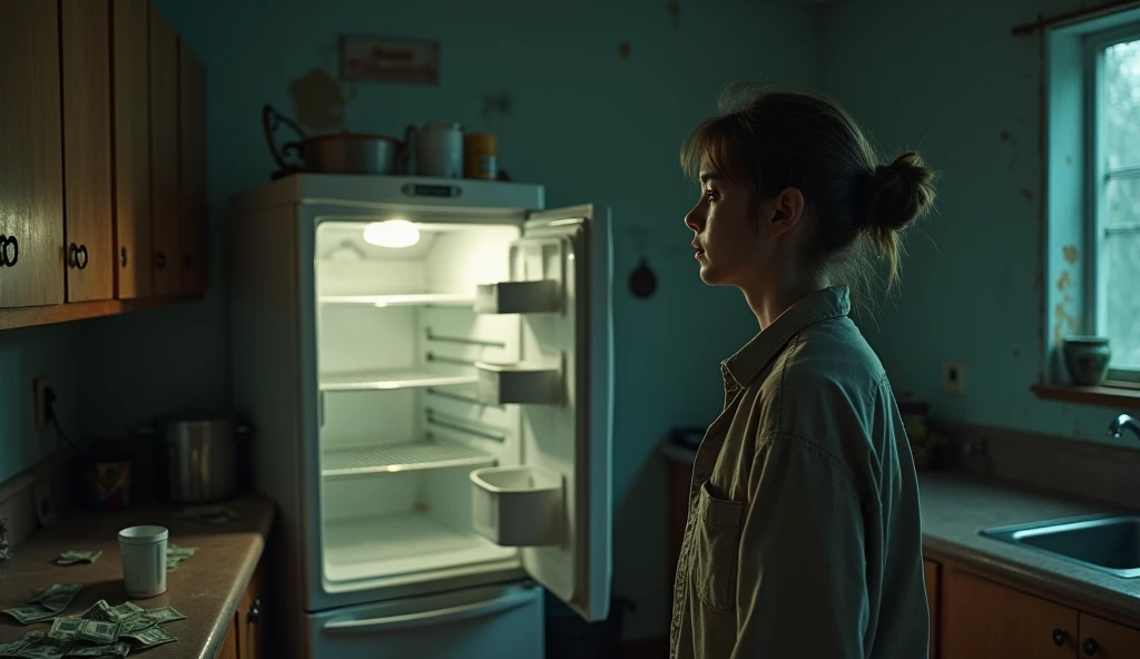 person desperate for lack of money empty fridge 