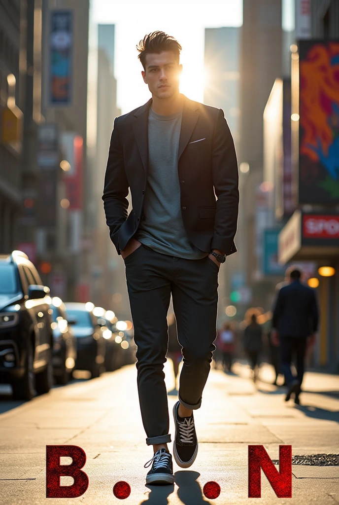 Create an advertisement for a clothing brand and show the brand name, which is B..N that a man appears