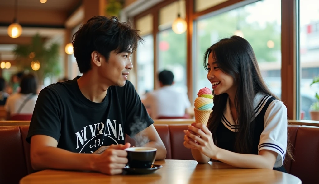 original photo. A young Indonesian man wearing a black Nirvana t-shirt. was sitting in a cafe holding a cup of black coffee. looking at another table a beautiful young Japanese woman wearing a schoolgirl outfit sits enjoying and licking an ice cream Ultra-realistic 8K photo, taken with a Leica Q2, strong color contrast and sharp clarity --ar 9:16 --quality 2 --