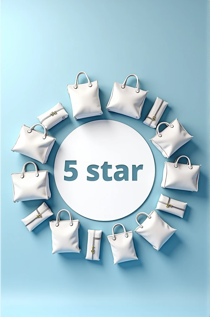 In the same image Creat a realistic image full of luxury bags attached with around the quote write"5 Star" in the middle of the circle. Theme should be white and sky blue