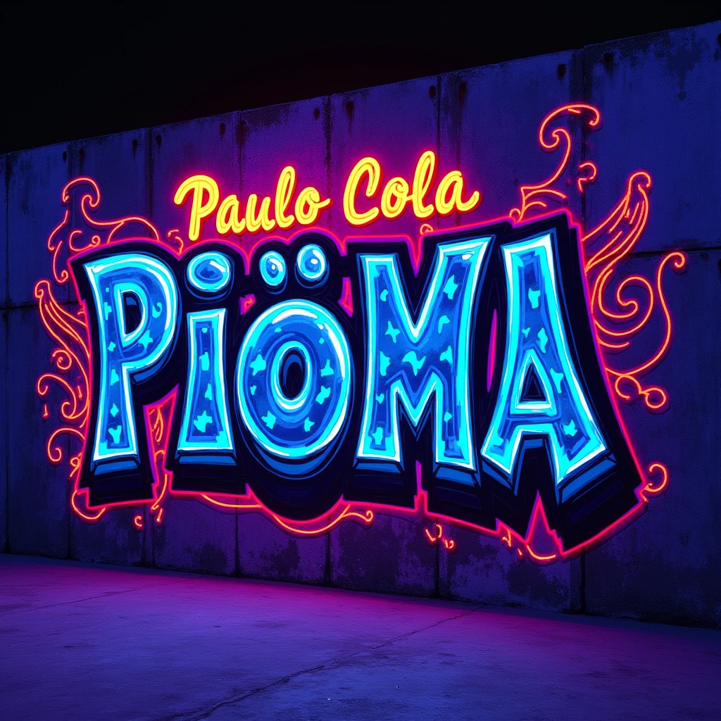 Create an image with the name “Paulo Cola” and the number “23” draw on a wall, draw a sign for a city called “Piúma”. Graffiti style. Fluorescent colors. With purple color theme.