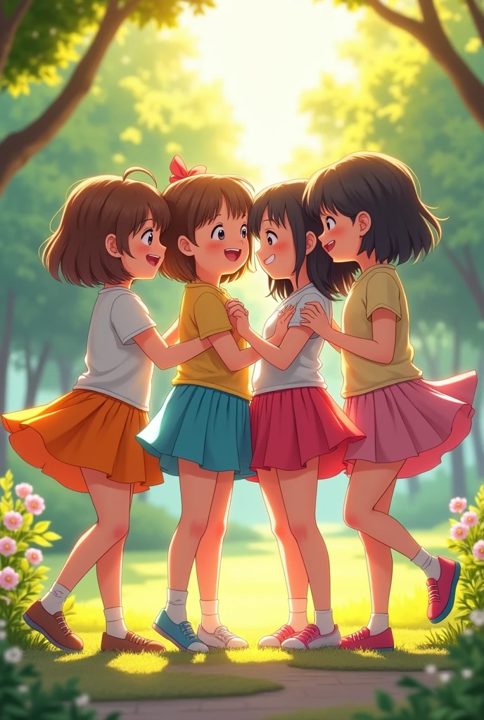 detailed picture of 4 extremely cute girls kissing in short skirts showing panties