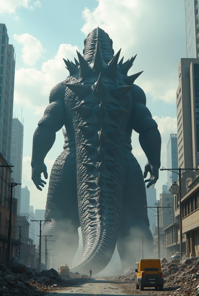 Godzilla de costas, with immensely large buttocks, destroying a modern city