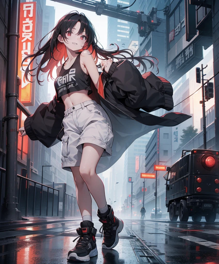 dance、Artistic jump、break dance、Intense movement、Collapsed night city、Cyberpunk Style、Blade Runner atmosphere、Steam is coming out of the exhaust port on the road surface、The road is wet、solo、Fluttering Hair、cute、Beautiful woman、Small Face、White skin、Abdominal muscles、、Bright smile、Mouth half open、White teeth are visible、(Gradient color of black red hair、Disheveled long hair)、(cargo pants、Tank top、White sneakers)、(Delicate and fine fingers、Detailed body、Detailed Weapons、Human hand)、(Detailed face) 、(In 8K、Highest quality: 1.4、masterpiece、 Ultra-high resolution、 Highest Resolution,、Very detailed、 Professional Lighting、 Gray Light Lighting、Low angle from below、Blowing steam into the landscape、Fog in the landscape、Foggy、