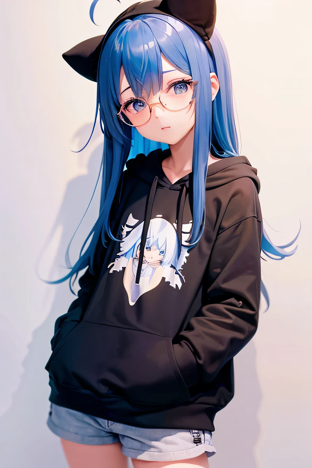 Angelic French doll, stocky, light colored hoodie, in short pants, blue hair ,messy long hair, anime, Wear glasses, asymmetrical bangs, masterpiece