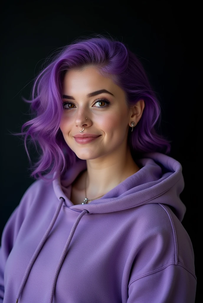 Drawing of a chubby Brazilian woman with white skin, Round face, wavy purple hair on the side of the neck, wearing purple hoodie, light brown eyes, piercing in the septum and above the lips, ear plug, black backdrop.
