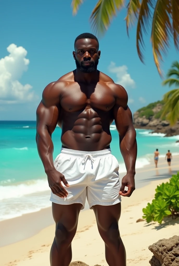 Magnificent detail, 8K Photos, hyper- realism, realistic background, visual depth, wide angle lens, professional light. {The scene shows a tall, strong black man, brawny, manly, masculine, 1,93m high, wearing white swim trunks, greatly enhancing the volume of your erect penis. Penis with erection.