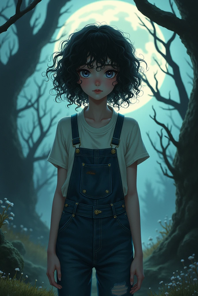 Black curly hair girl in anime style overalls with dark fantasy
