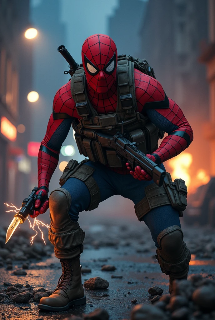 Spiderman as a call of duty operator holding a knife and using electric web slinger tazers