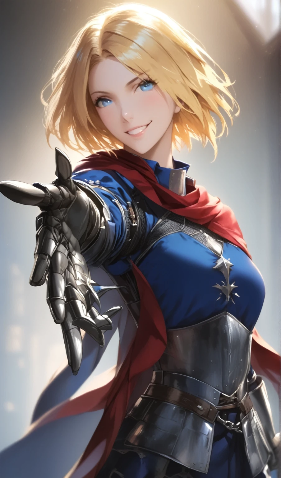 (adult woman), masterpiece, best quality, yellow hair, ((short hair)), blue medieval shirt, medieval armor pants, armor chest, red cape, light blue eyes, smiling, ((portrait)), metal gloves, smiling, extending your hand, fsn_ubw_style, realistic, glow.