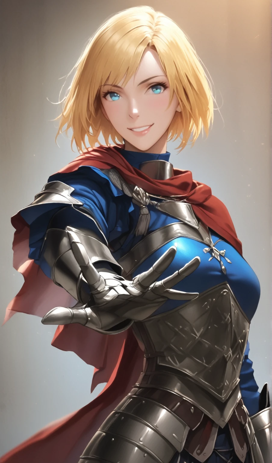 (adult woman), masterpiece, best quality, yellow hair, ((short hair)), blue medieval shirt, medieval armor pants, armor chest, red cape, light blue eyes, smiling, ((portrait)), metal gloves, smiling, extending your hand, fsn_ubw_style, realistic, glow.
