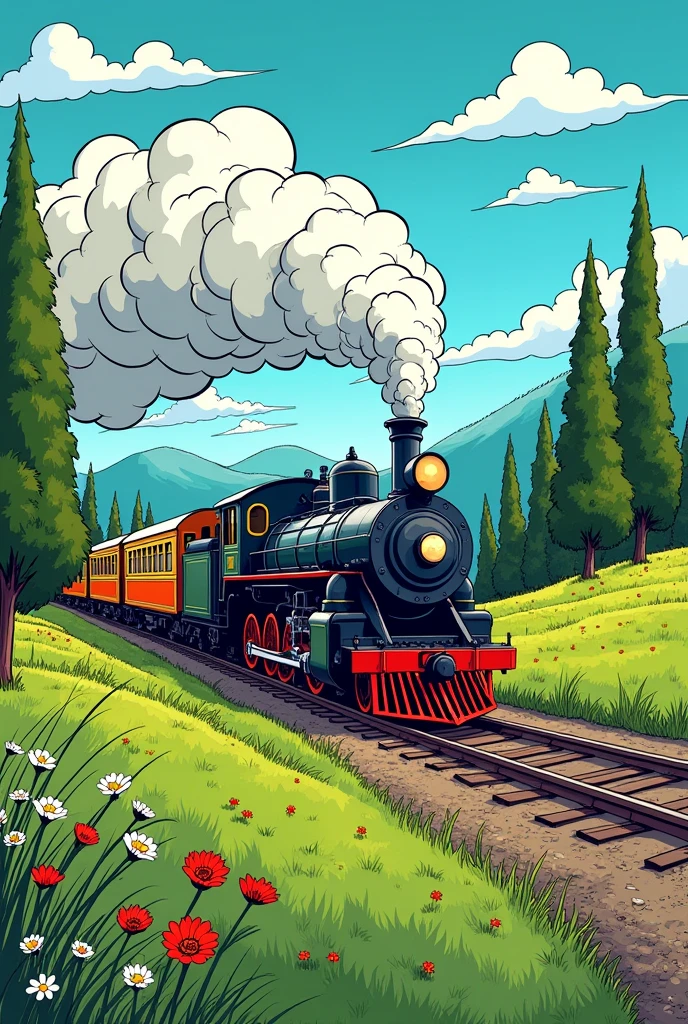 A comic-style vignette of a steam train in profile with a green landscape