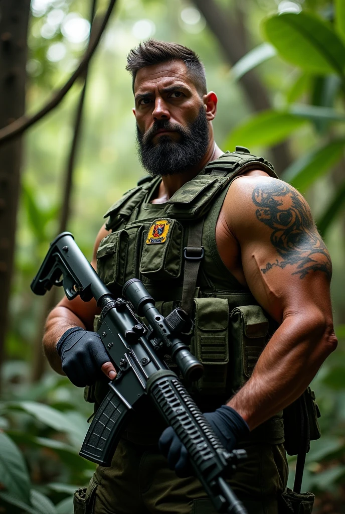 Strong bearded man standing in Colombian army combat gear with rifle in hand.