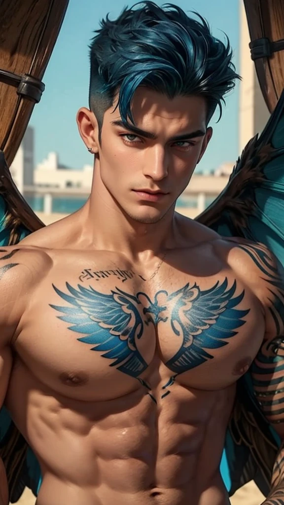 a muscular handsome man, largest breast, detailed face, perfect facial features, smooth skin, sexy expression, blue hair, short hairstyle, looking at the viewers romantically, sexy gaze, large bare chest, tattooed chest, wings and sand glass tattoo,