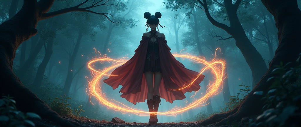 An image of an elf mage with the appearance of Chun-Li, in a dark gloomy forest. She wears her typical bun and braid hairstyle, with a flowing cape and a short battle dress adorned with mystical symbols. Ribbons of magical energy wrap around her arms as she prepares to cast a spell. The environment is dark and gloomy, with twisted branches and deep shadows, highlighting the ominous and powerful magic emanating from her. The image is in dark anime style, with intense shadows and saturated colors, creating a dramatic and enigmatic atmosphere.
