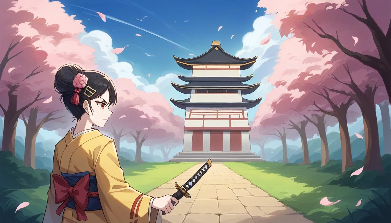"A fearless geisha, with pale skin and delicate features, is in the midst of an impressive fight. She wears a red and gold silk kimono, richly embroidered with patterns of cherry blossoms and dragons, that fits her body in a Graceful. Her long black hair is tied in a neat bun, decorated with prunus flower hairpins that shine in the light of the setting sun. The katana, with a sharp blade that reflects golden rays, is held firmly in his right hand, while his left is elegantly positioned to maintain balance. Her expression is a mix of concentration and determination, her eyes shining with courage as she launches into a quick, precise attack, the tip of her sword cutting through the air with a subtle sound. In the background, a lush Japanese garden serves as the backdrop, with cherry blossom trees whose pink appearance gently floats around her, creating an ethereal effect. Stone lanterns and a small traditional temple glimpse in the distance, while shadows dance around, accentuating the tension and beauty of the scene. The atmosphere is one of shared emotion, capturing the moment of a conflict between tradition and bravery."