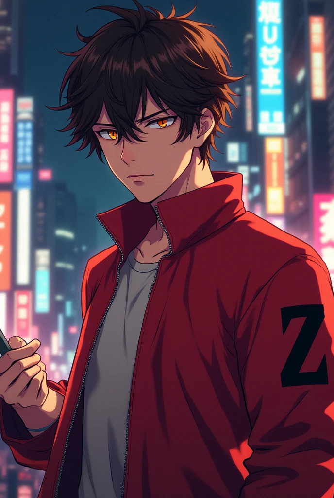 a brown messy hair guy with a red unzipped jacket with the logo Z on his right sleeve with Orange eyes, Grey shirt, Handsome and a ring on his finger glaring at the screen (anime style)