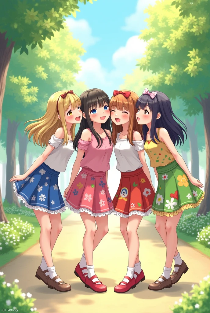 detailed picture of 4 extremely cute girls kissing in short skirts showing panties