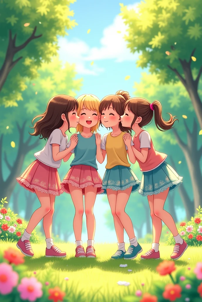 detailed picture of 4 extremely cute girls kissing in short skirts showing panties