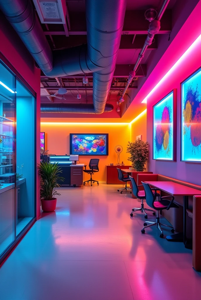 Graphic agency workshop with printers, design area and waiting area with blue-orange and fuchsia gradient tones, store open to the public and in the back only for authorized personnel, production workshop in front, customer service area, commercial store, glass door