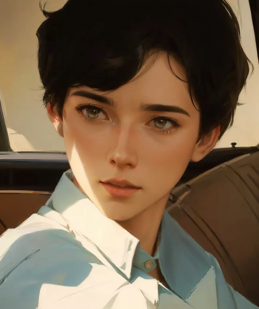 there is a digitalpainting of a man in a car, artwork in th e style of Guweiz, digital art Ilya Kuvshinov, Guweiz, little detailed. digitalpainting, guweiz masterpiece, lazy art style, detailed digitalpainting, lofi portoRait, arte de digitalpainting dos desenhos animados, artwork style : Ilya Kuvshinov, Lofi style r