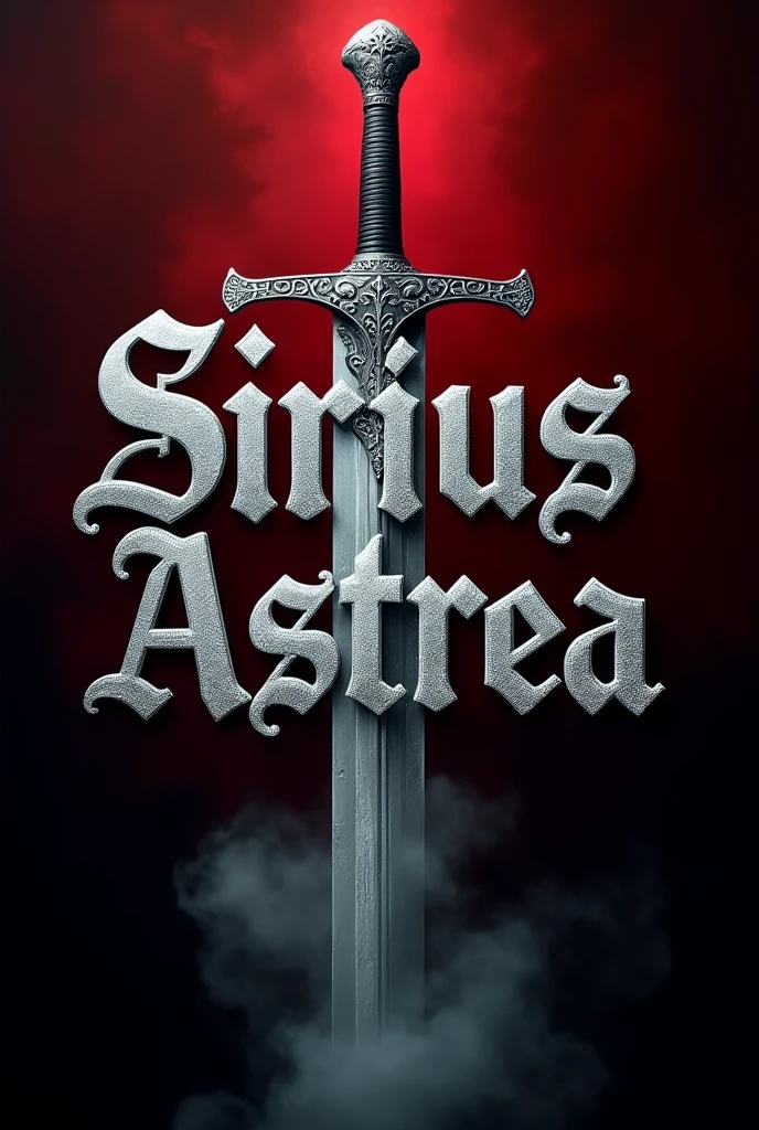 A sign with the name Sirius Astrea in very large silver gothic letters on a gothic sword, on a scarlet red to black gradient background