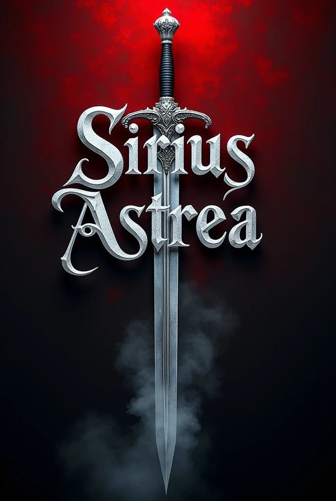 A sign with the name Sirius Astrea in very large silver gothic letters on a gothic sword, on a scarlet red to black gradient background
