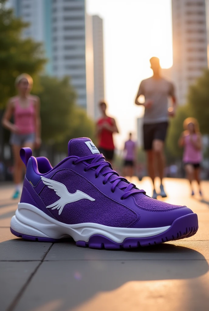 Create a purple tennis shoe and the logo is a white phoenix