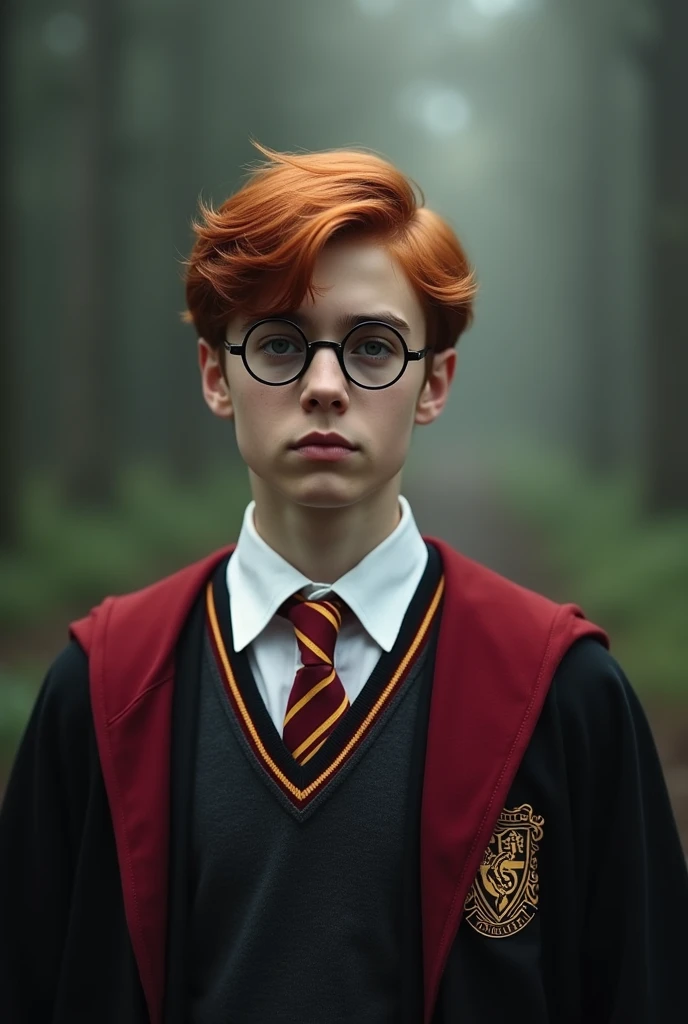 A Tom Holland with neat red hair, styled to the side, wearing round black glasses with a lightning-shaped scar on his forehead. He is dressed in a school uniform consisting of a cloak with red and gold colors, reminiscent of Gryffindor house. Underneath the cloak, he wears a white shirt and a red-and-gold striped tie. The background is a soft, blurred mix of grey and dark green, emphasizing the character as the main focus. 