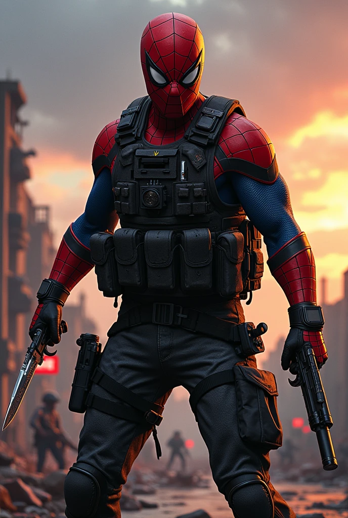 Spiderman as a call of duty operator holding a knife in one hand and using electric web slinger tazer 